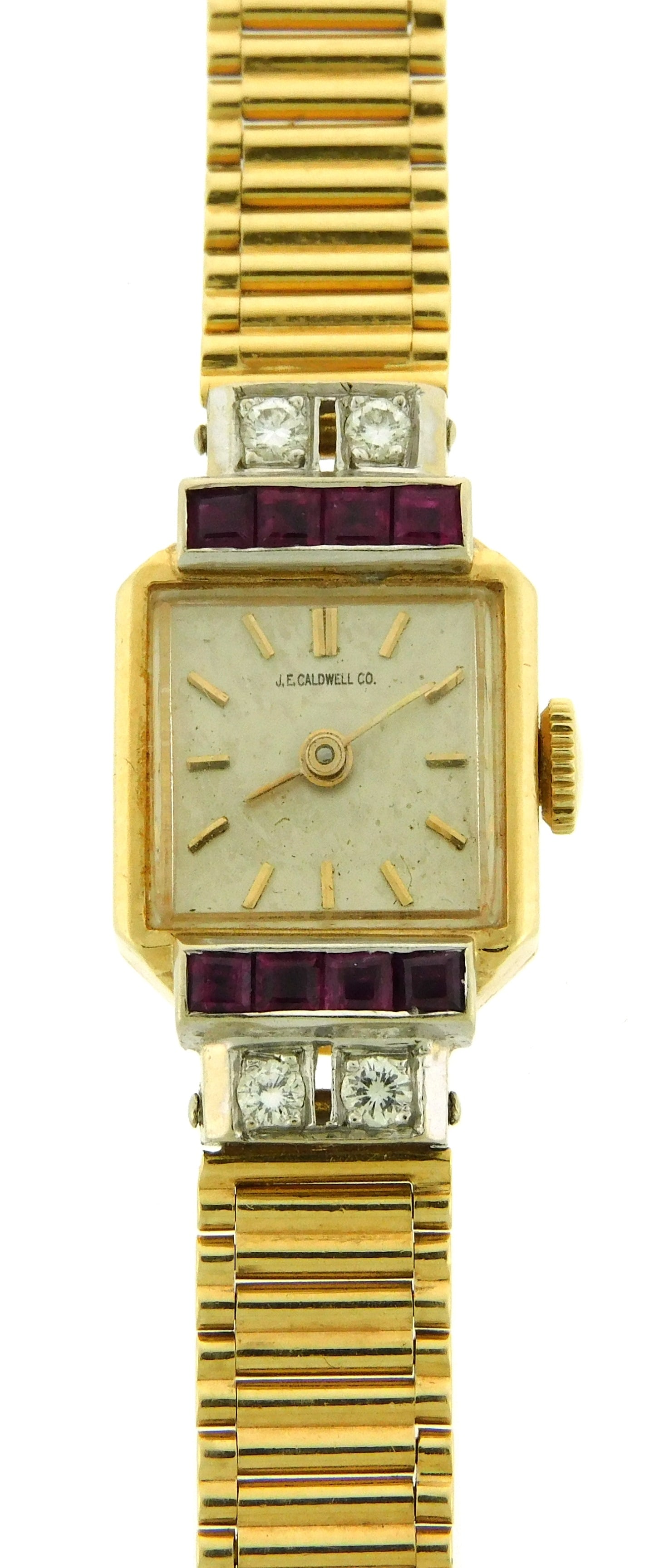 JEWELRY: Woman’s 14K J.E. Caldwell Concord Ruby and Diamond Wristwatch, stem wind and set movement (1 of 4)