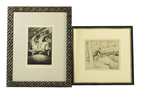 +Warren Sonad and Jean Emile Laboureur, two pieces of 20th C.prints, both framed behind glass,: +Warren Sonad and Jean Emile Laboureur, two pieces of 20th C.prints, both framed behind glass, including: Warren Sonad (German / American, 1911-1960),"The Drive", 1969, etching, depicting a man on hor