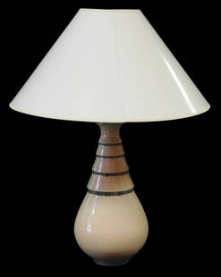 +Art Deco table lamp designed by Willeumier (French, 1896 - 1932) for Marcel Guillard for Editions: +Art Deco table lamp designed by Willeumier (French, 1896 - 1932) for Marcel Guillard for Editions Etling (French, 20th C.) for Editions Etling, c. 1925, base has cream crackle glaze with grey ribs, a