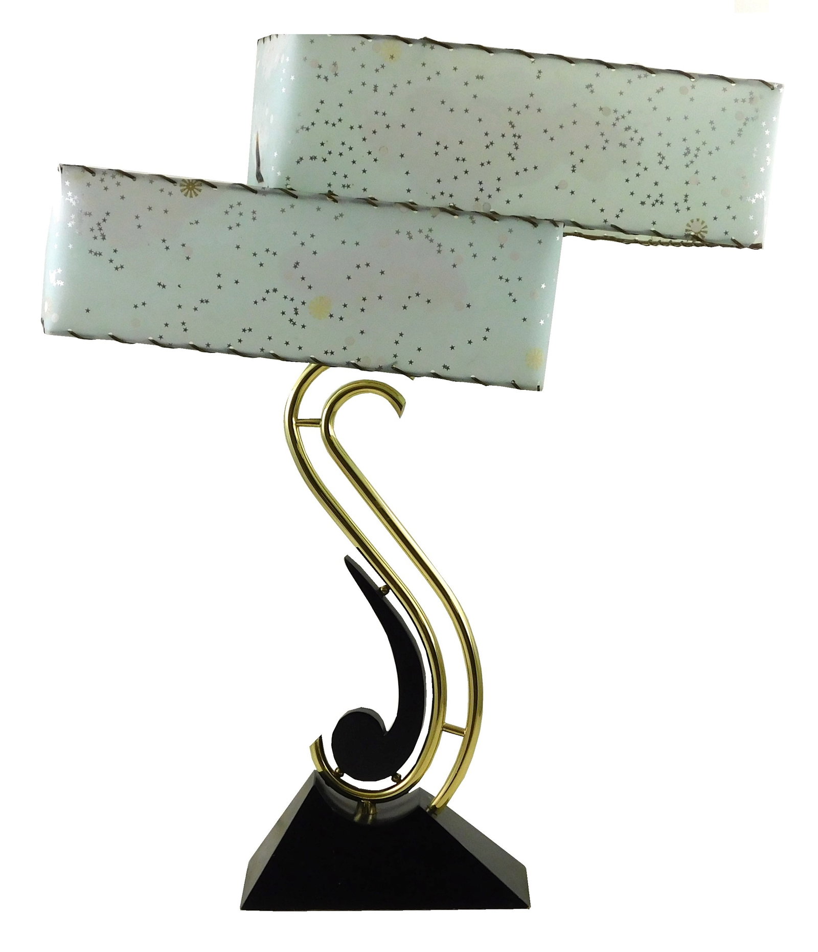 Mid-Century Modern Table lamp, accompanied by light blue shade with start and cloud designs, brass (1 of 3)