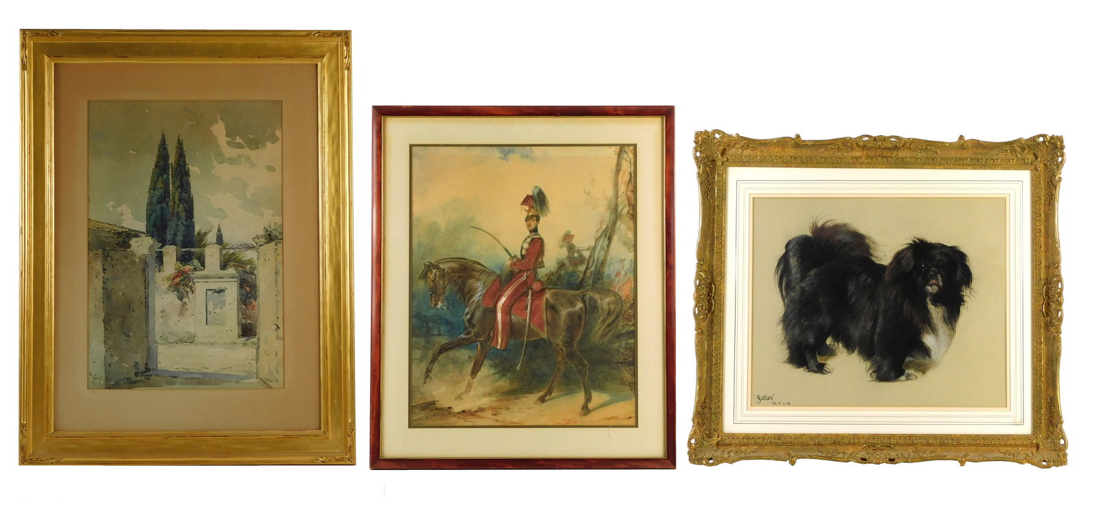 Three pieces of artwork, all framed behind glass, including: watercolor on paper, c. 1915, of a: Three pieces of artwork, all framed behind glass, including: watercolor on paper, c. 1915, of a garden wall, with trees and flowers, initialed "F. C." and dated lower left, ss: 18" h. x 12" w.; waterc