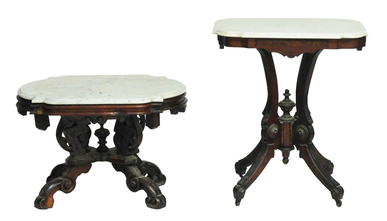 Two Eastlake marble top side tables, each with custom cut marble slab tops, one with wheels to feet, (1 of 2)