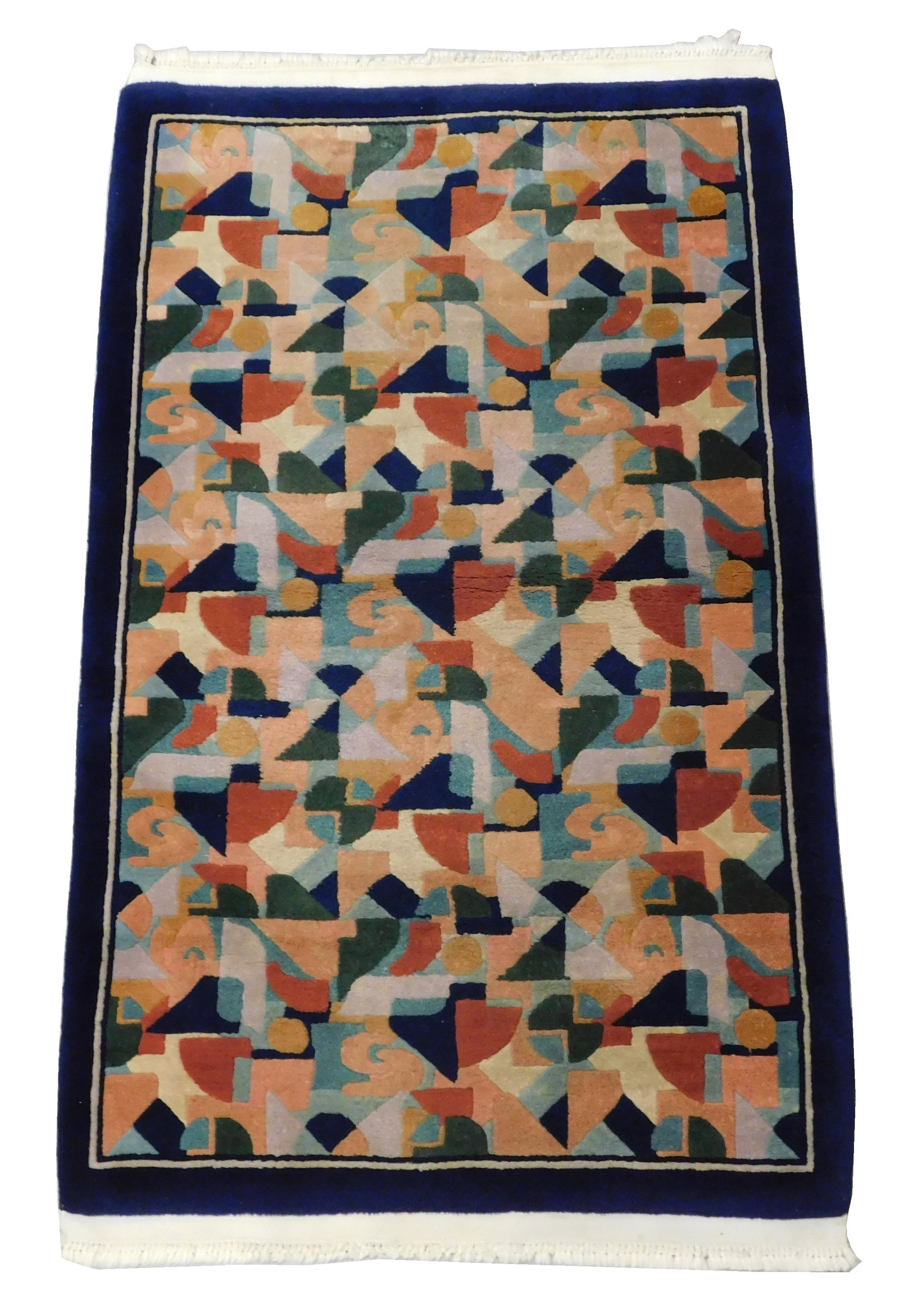 RUG: Modern Chinese scatter rug, 5' 1" x 3' 1/2", wool on cotton, Chinese Art Deco pattern, dark (1 of 3)