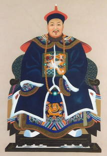 ASIAN: Chinese ancestral portrait, 20th C., gouache on paper, depicting a man in traditional: ASIAN: Chinese ancestral portrait, 20th C., gouache on paper, depicting a man in traditional garments sitting in an ornate chair, matted and framed behind glass, wear consistent with age, including wa