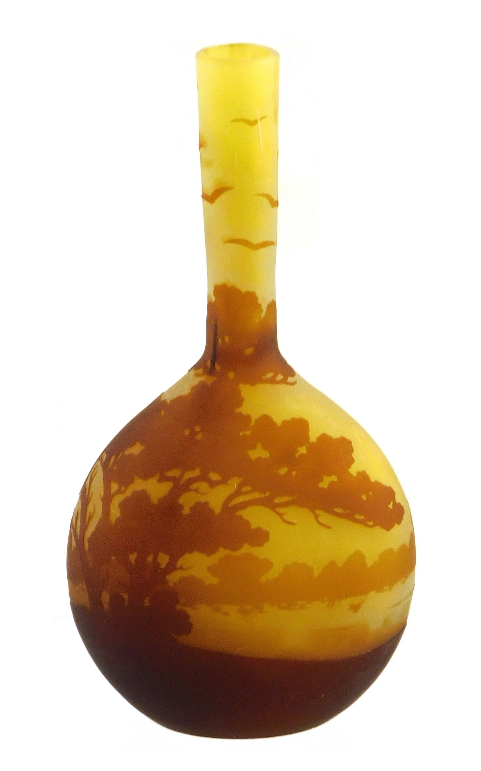 ART GLASS: Galle cameo glass vase, French, early 20th C., yellow bottle form body decorated with (1 of 3)