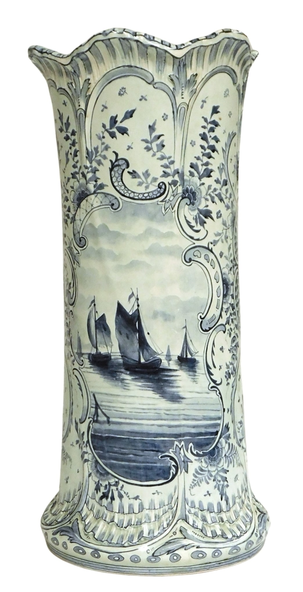 Royal Bonn "Delft" design porcelain umbrella stand, German, late 19th/ early 20th C., decorated with (1 of 4)