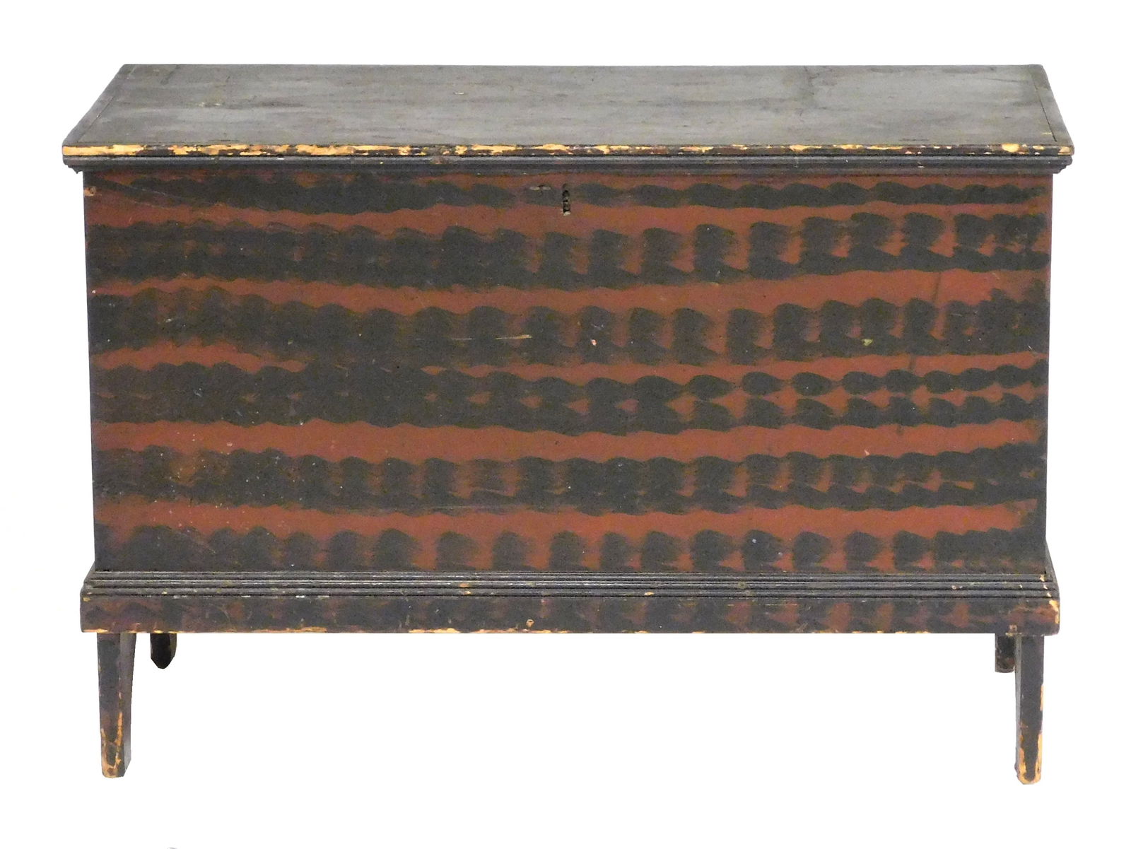 Blanket chest, American, 19th C., red and black grain painted chest in pine, cast hinges, nailed (1 of 3)