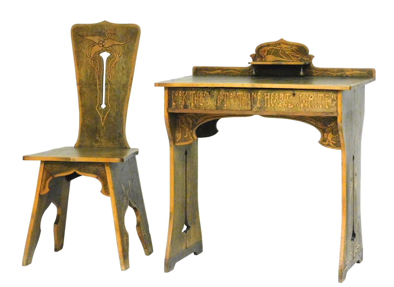 Writing desk and chair, 20th C., maple with Nouveau style pyrograph floral carving and green tinting (1 of 5)
