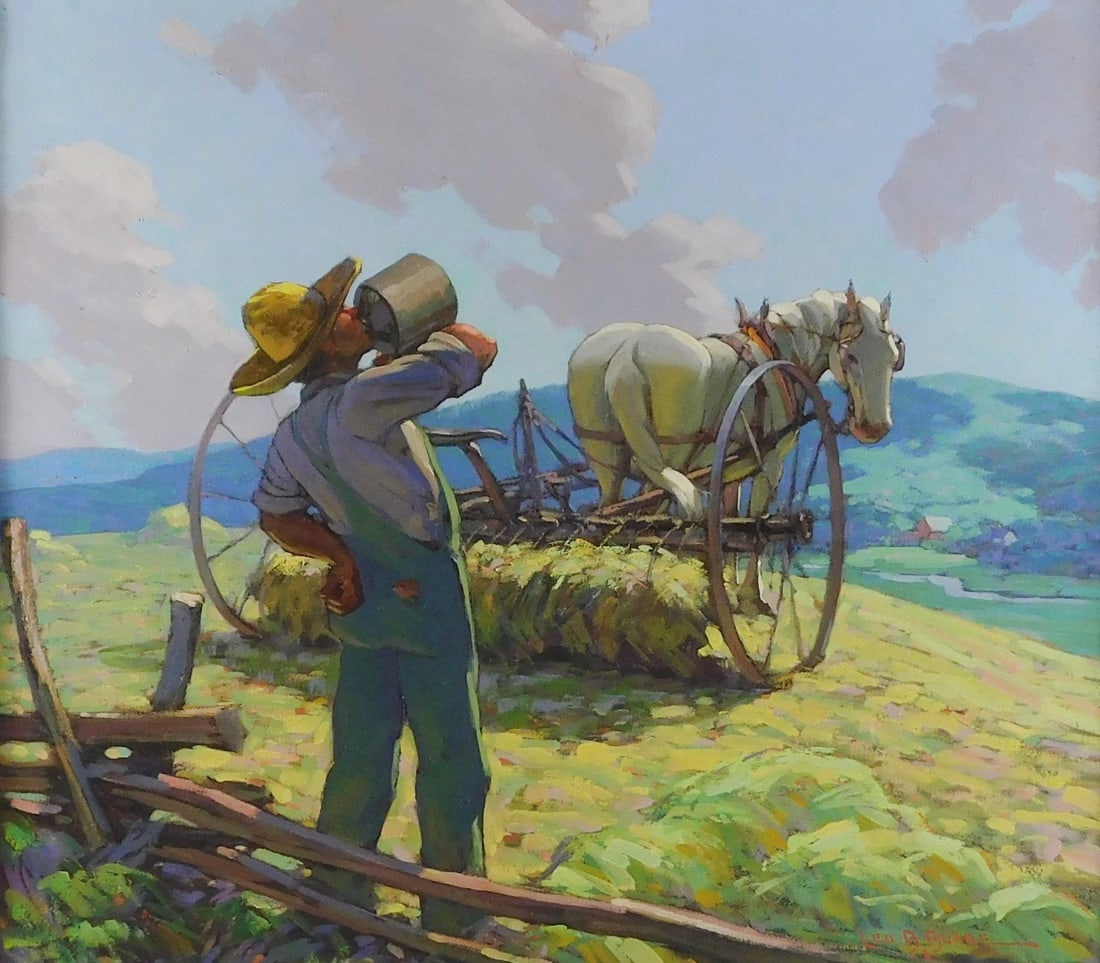 Leo B. Blake (American 1887-1976), "Time to Rest" oil on masonite, a farmer pauses to drink from a j (1 of 2)