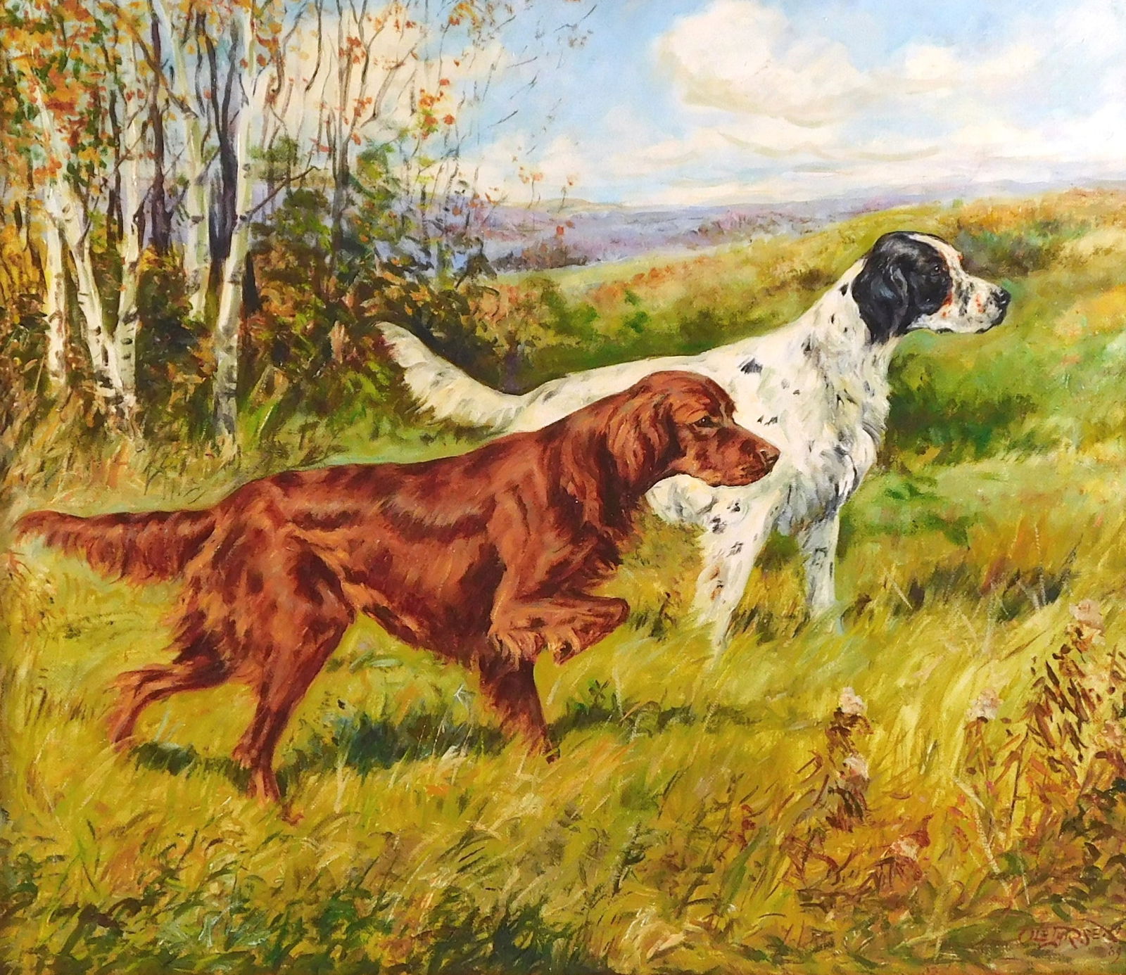 Ole Larsen (American, 1898-1984) oil on canvas, two hunting dogs on point stand in a field, Setter: Ole Larsen (American, 1898-1984) oil on canvas, two hunting dogs on point stand in a field, Setter style, one brown, one speckled, signed lower right and dated '39, framed, wear consistent with age, s