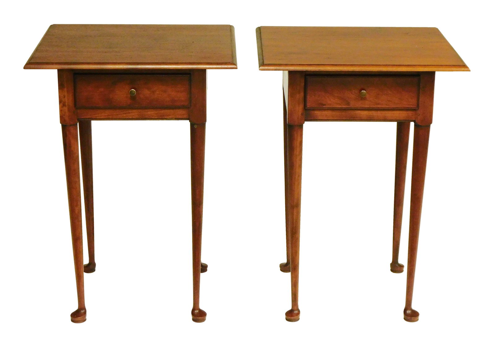 Pair of Eldred Wheeler cherry stands, Hanover, Massachusetts, 20th C., bench made in the Hepplewhite: Pair of Eldred Wheeler cherry stands, Hanover, Massachusetts, 20th C., bench made in the Hepplewhite style, each with single drawer, dovetail construction, straight turned tapered legs ending on pad f