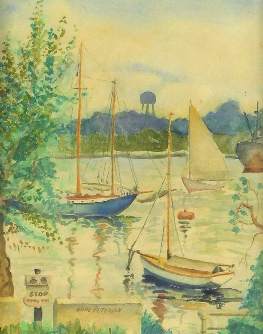 Jane Peterson (American, 1876 - 1965), watercolor landscape, three small sail boats moored near a: Jane Peterson (American, 1876 - 1965), watercolor landscape, three small sail boats moored near a dock or landing, with summer foliage, and a water tower beyond, signed lower center, framed and mated