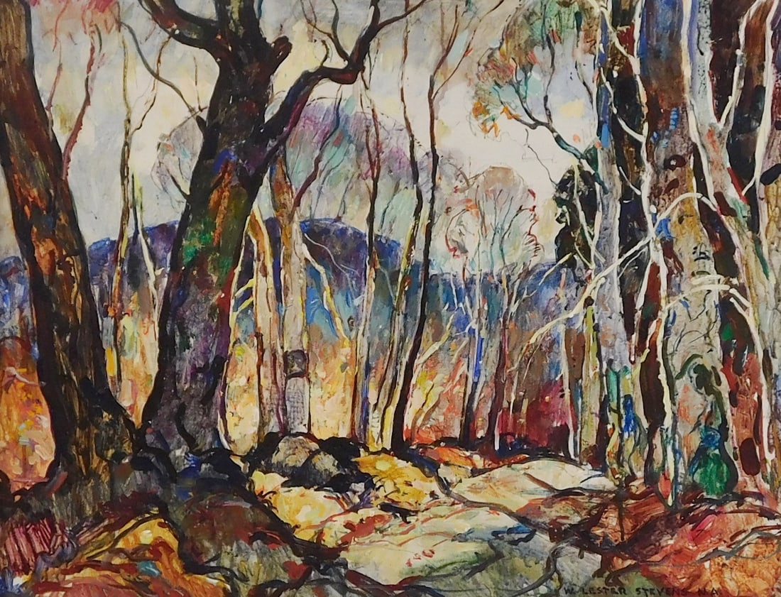 William Lester Stevens (American 1888-1969), "Cricket Hill", oil on masonite, wooded landscape in (1 of 3)