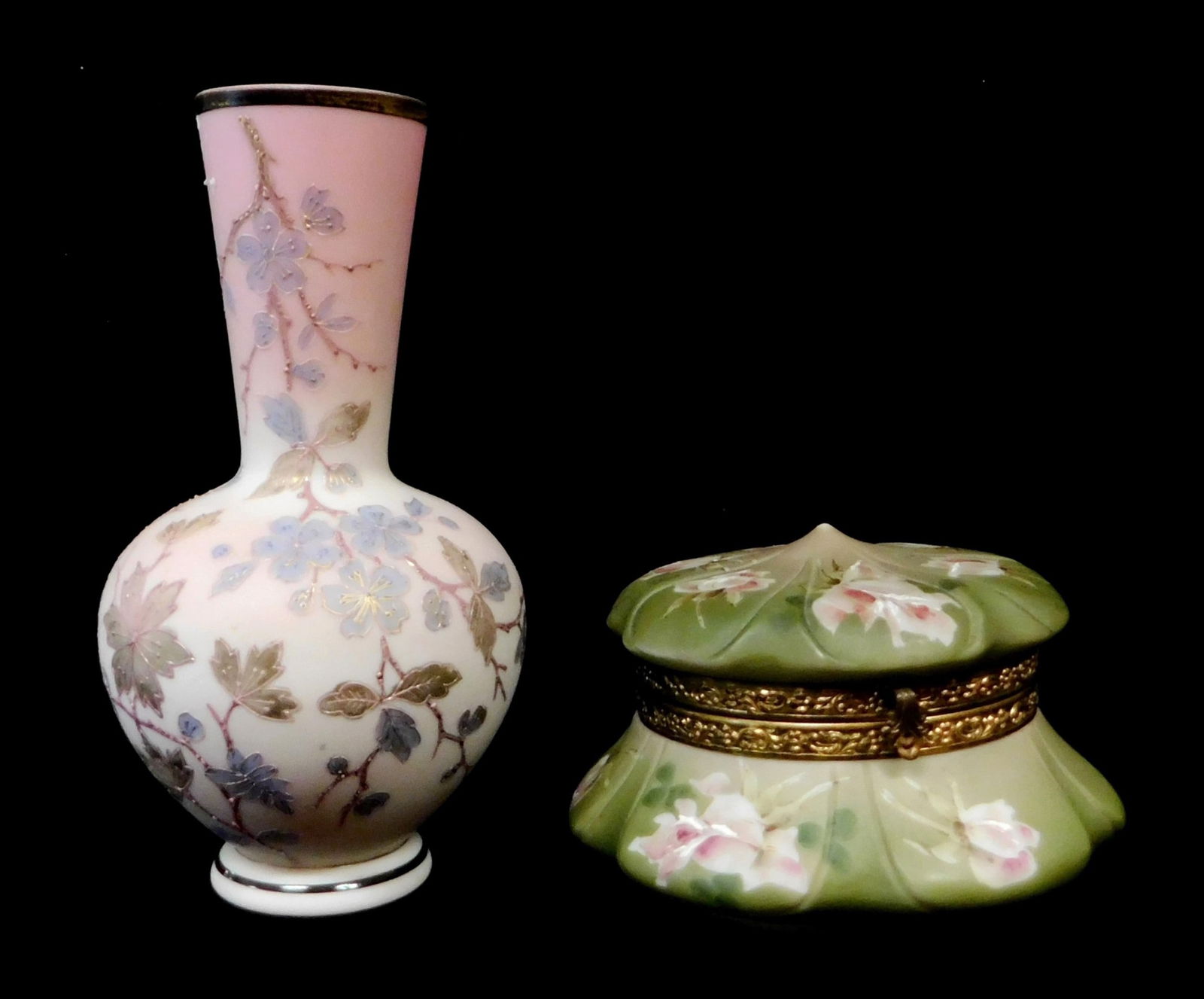 Nakara, etc., two pieces of decorated satin glassware, both marked on base, details include: (1 of 4)