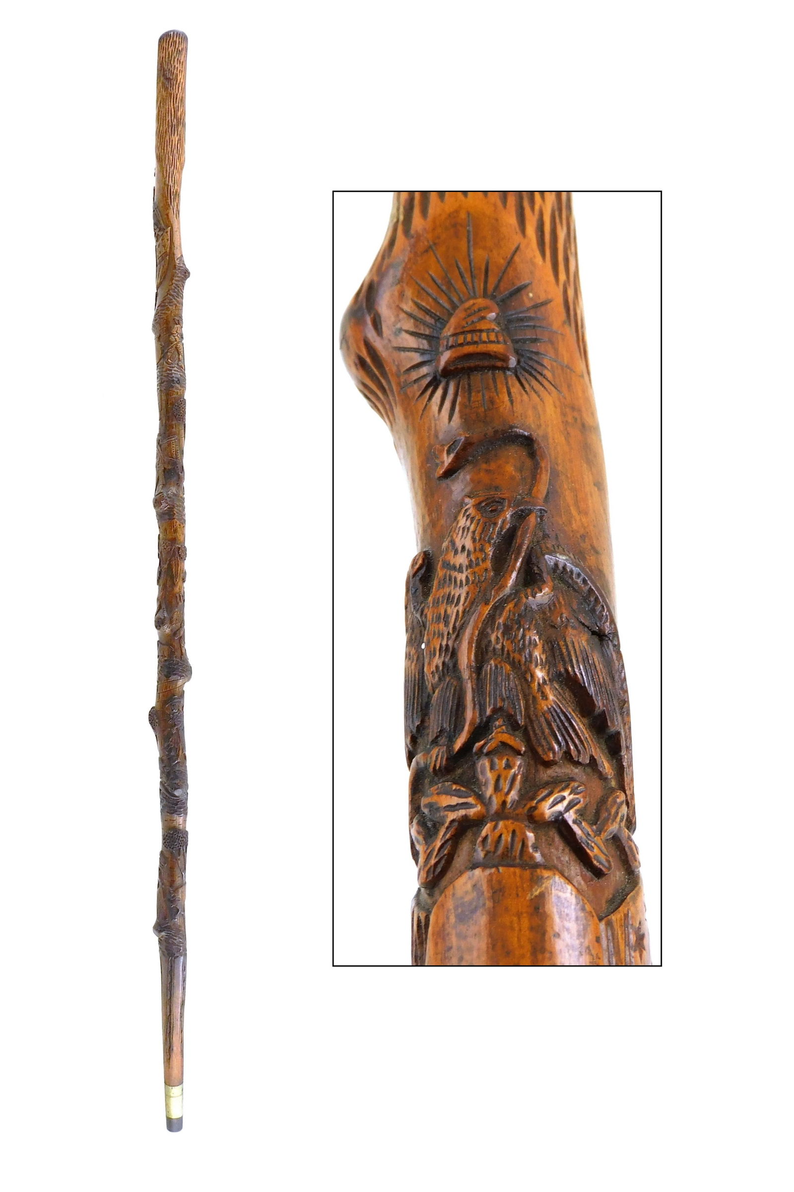 Ornately carved wood walking stick, late 19th/early 20th C., with carved depictions of travelers and (1 of 5)
