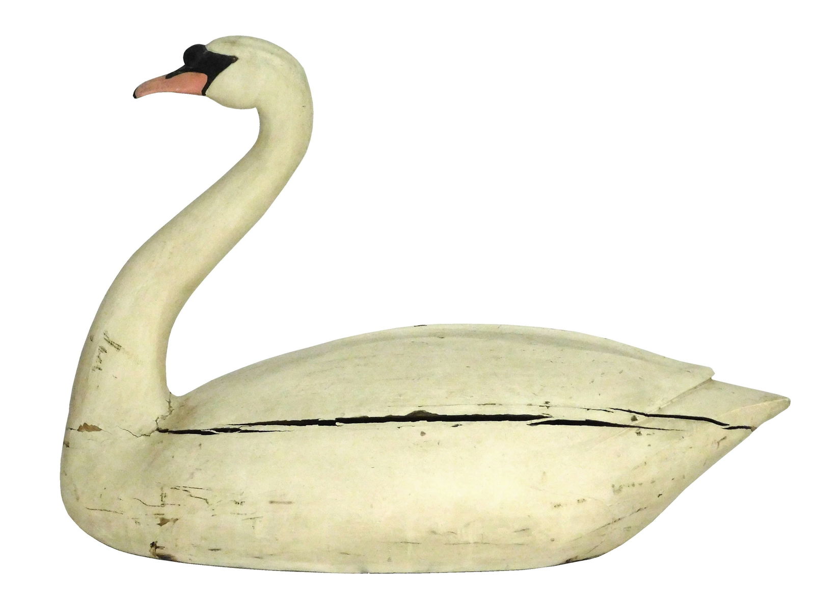Swan decoy, life-size, carved wood with painted finish, metal brad eyes, no signature viewed, wear (1 of 2)