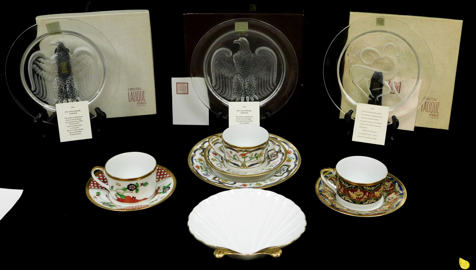 Christian Dior, Lalique, eleven pieces of late 20th C. china and crystal, including: eight pieces of: Christian Dior, Lalique, eleven pieces of late 20th C. china and crystal, including: eight pieces of Christian Dior china, consisting of "Renaissance" pattern salad plate, cup and saucer, "Chinese Flo