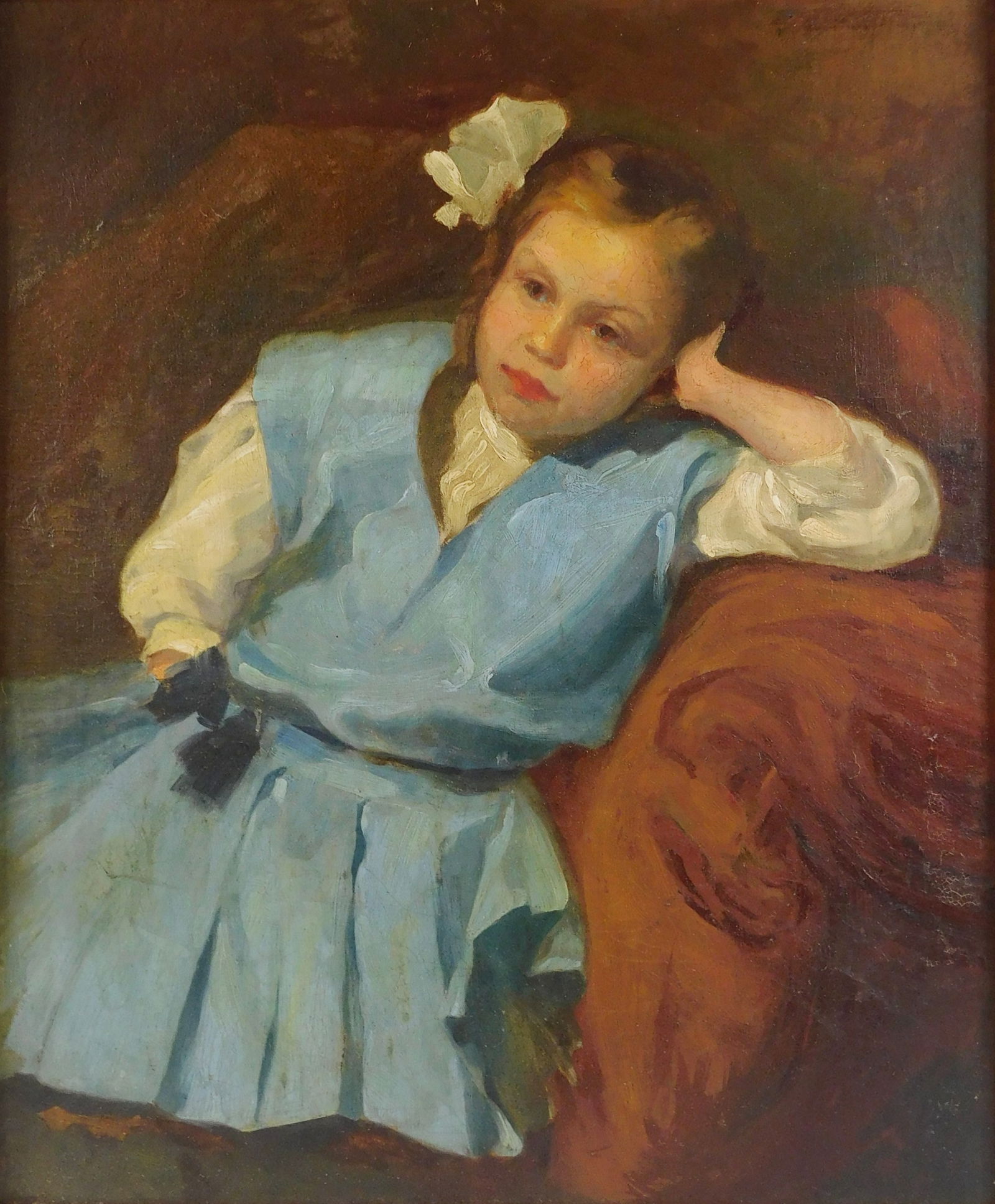 Late 19th/Early 20th C. Portrait of a young girl, oil on canvas, girl is reclining with her hand: Late 19th/Early 20th C. Portrait of a young girl, oil on canvas, girl is reclining with her hand supporting her head, white bow in her hair, wearing a blue dress with black ribbon, ornately framed, we