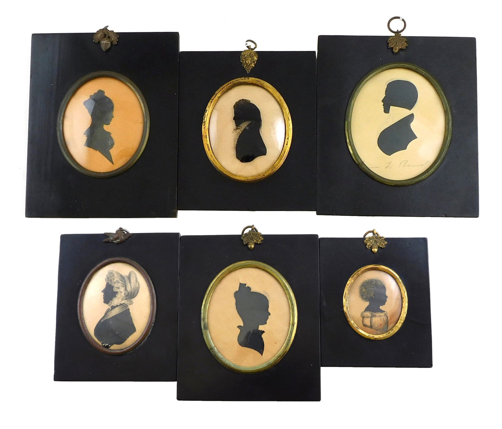 Six framed silhouettes, early/mid 19th C., all executed with various techniques in black paper mache (1 of 7)