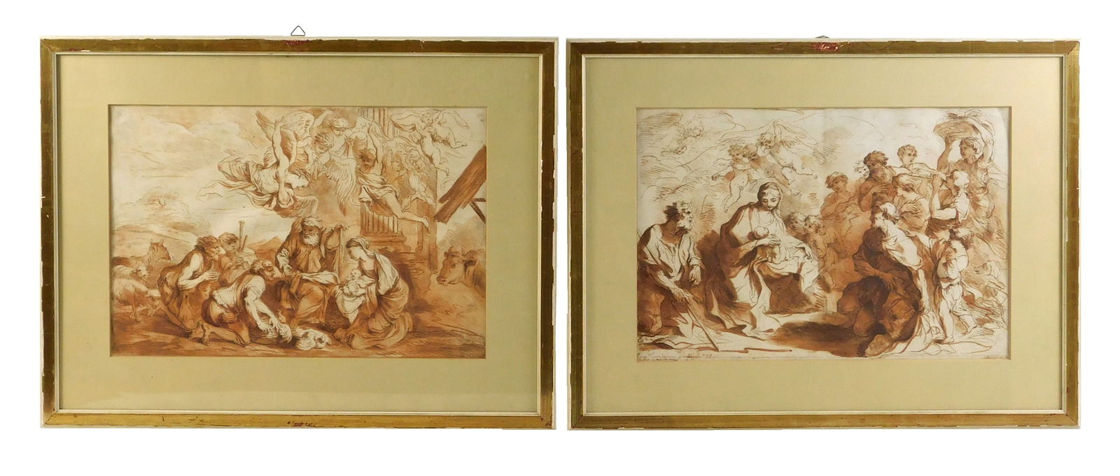 Old master etchings after Giovanni Benedetto Castiglione (Italian, 1609 - 1664), framed, both with: Old master etchings after Giovanni Benedetto Castiglione (Italian, 1609 - 1664), framed, both with red wash, details include: Francesco Bartolozzi (Italian, 1727-1815), "Adoration of the Shepherds wit