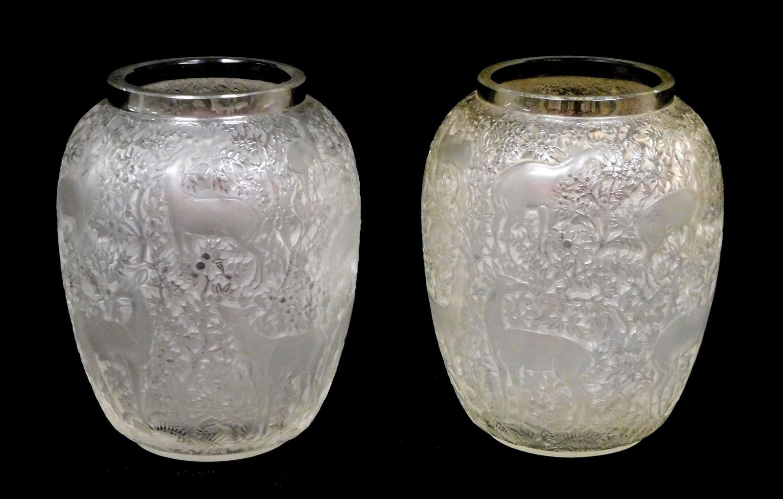 ART GLASS: Two R. Lalique frosted "Biches" vases, French, 20th C., molded glass with deer and (1 of 5)