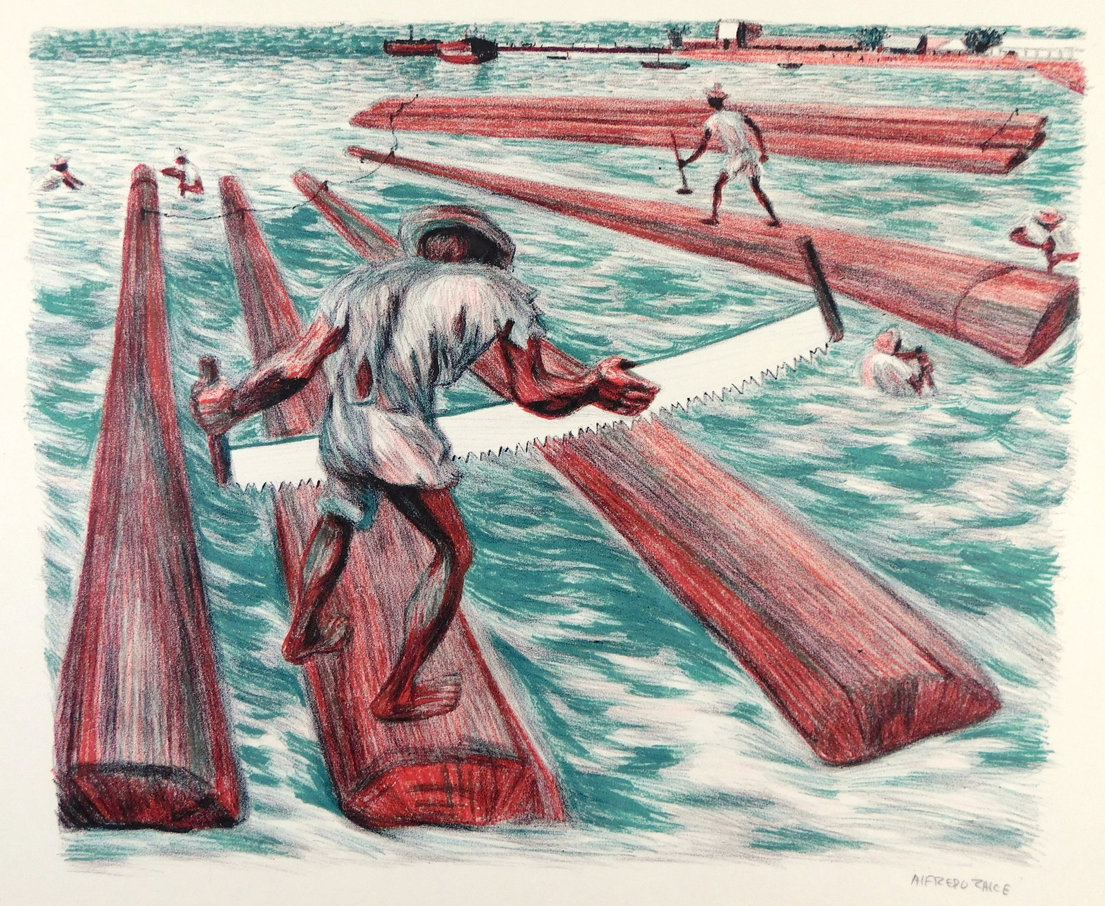 Alfredo Zalce (United States/Mexico, 1908-2003), color lithograph, loggers both in the water and on (1 of 4)