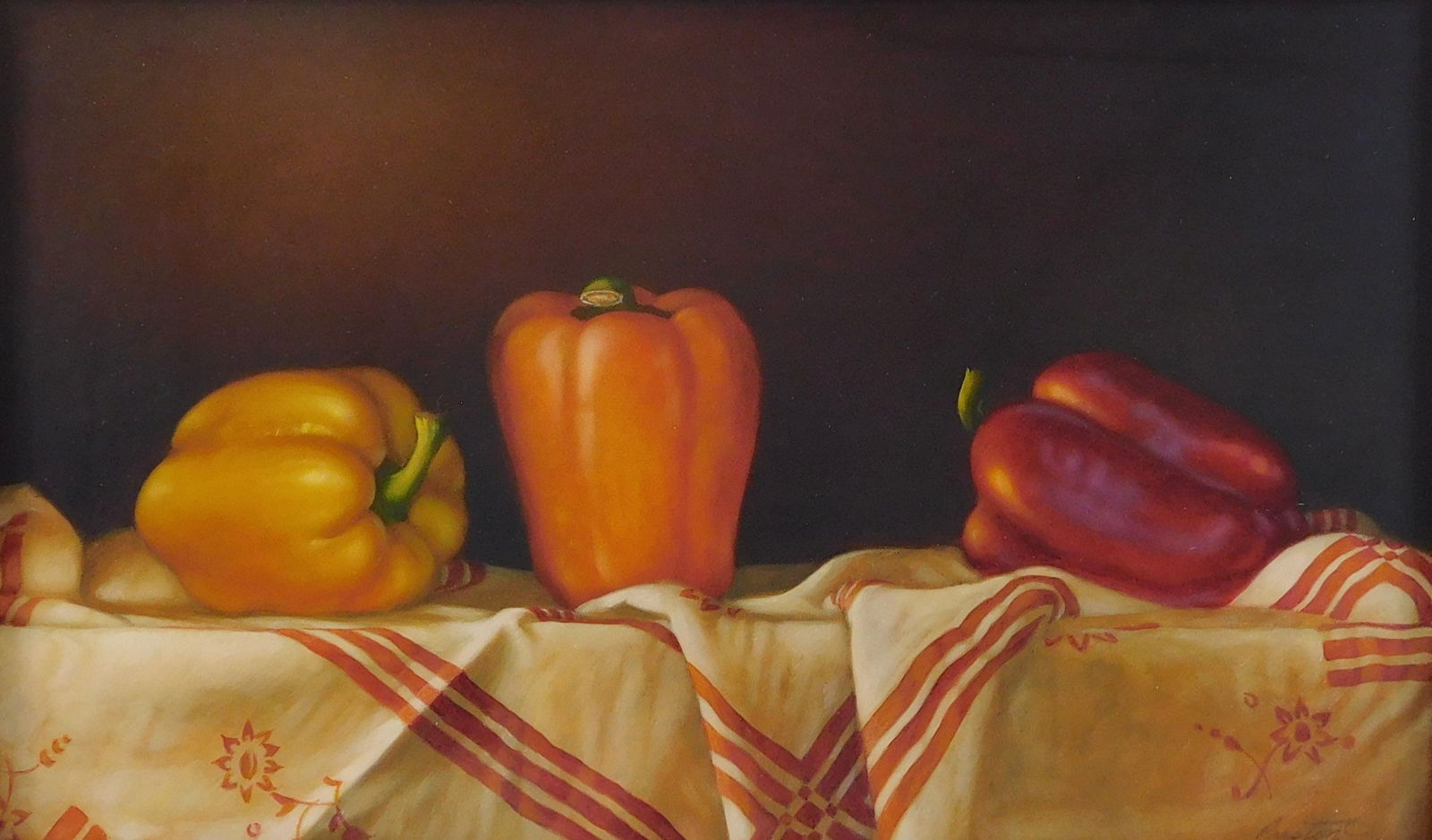 Larry Preston (Massachusetts, 1951-), "Three Peppers", 2000, oil on panel, still life of a yellow, (1 of 4)