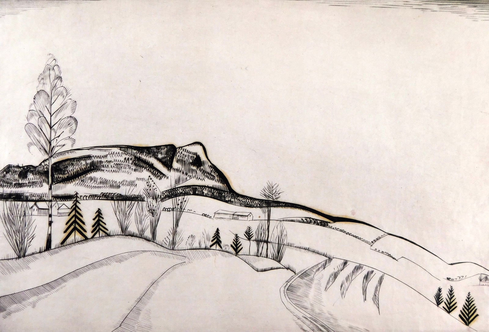 Joseph Hecht (Poland/France, 1891-1951), etching, landscape with rolling hills, more textured (1 of 7)