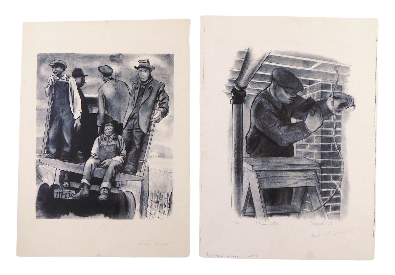 Richard Sargent (American, 1911-1978), two lithographs, both depicting men at work, the first “ (1 of 9)