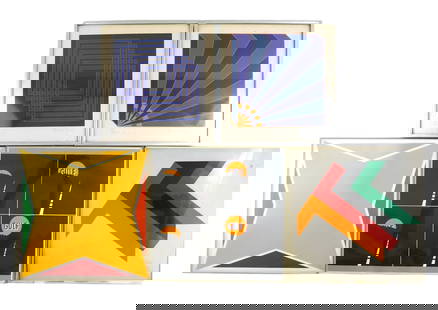 Brian Rice, Horst Scheffler, Allan D'Arcangelo, and Larry Zox, five Contemporary screenprints/: Brian Rice, Horst Scheffler, Allan D'Arcangelo, and Larry Zox, five Contemporary screenprints/ serigraphs, including: Brian Rice (British, b. 1936), two framed silkscreens with purple and black geomet