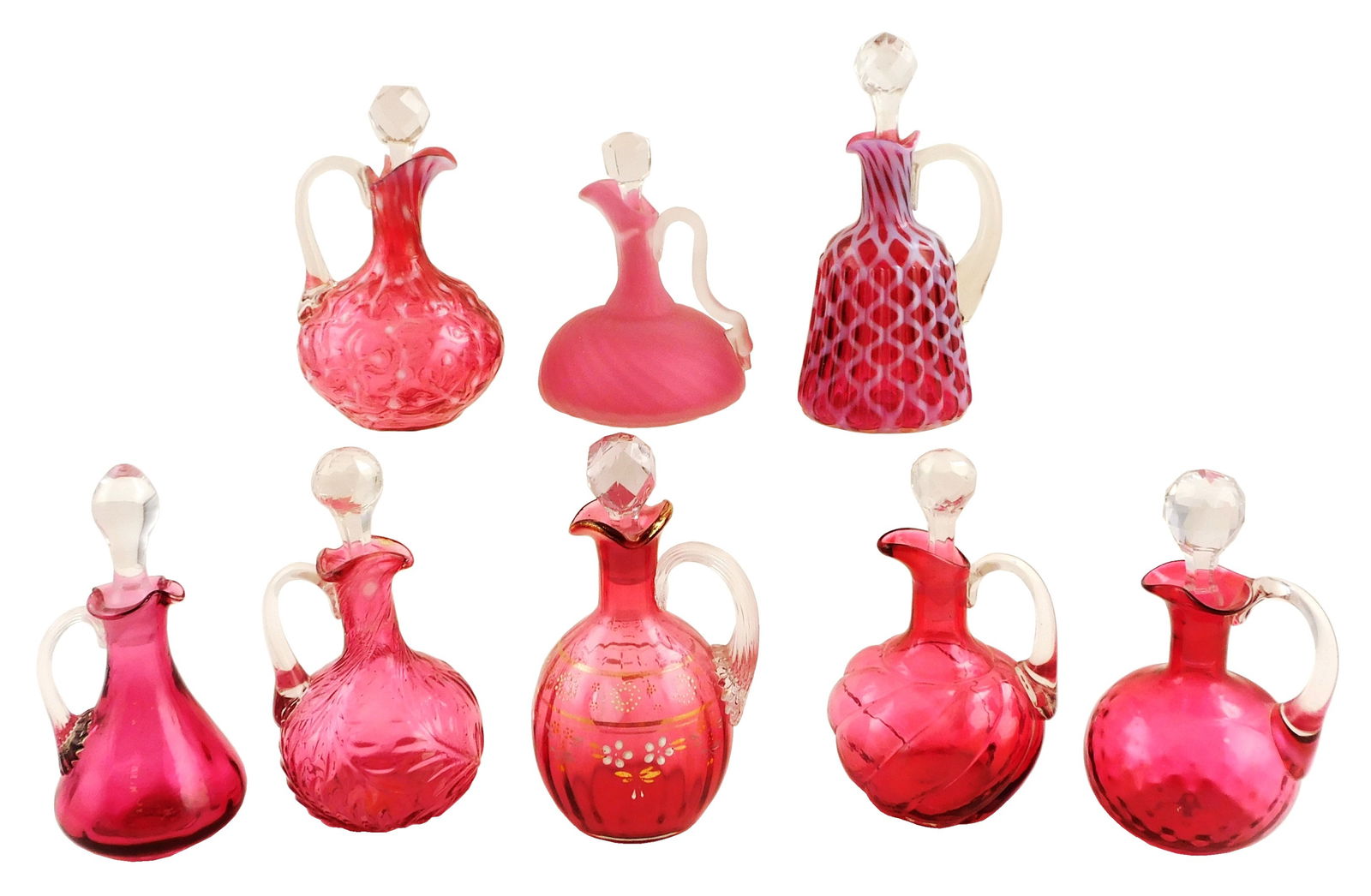 ART GLASS: Eight cranberry and satin glass cruets, each with cut glass stoppers, some with (1 of 5)