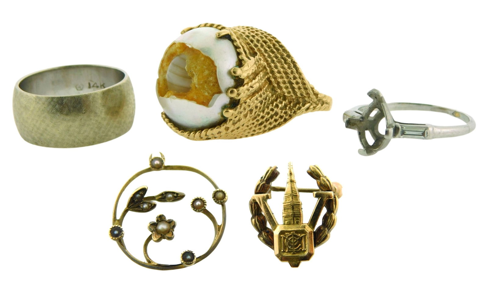 JEWELRY: Five assorted jewelry items, including: pear shape engagement ring setting, stamped and (1 of 5)