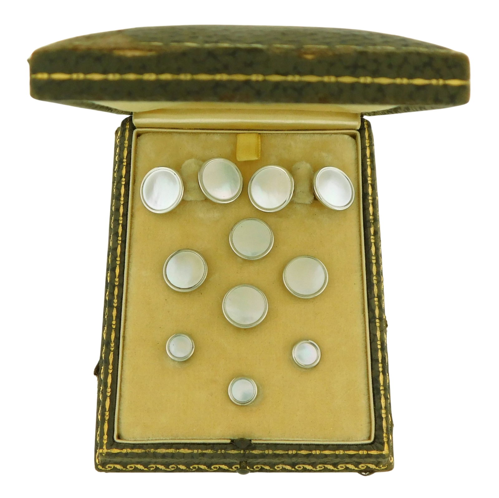 JEWELRY: 14K and Platinum Mother of Pearl dress set, consisting of three studs, four buttons and a (1 of 3)