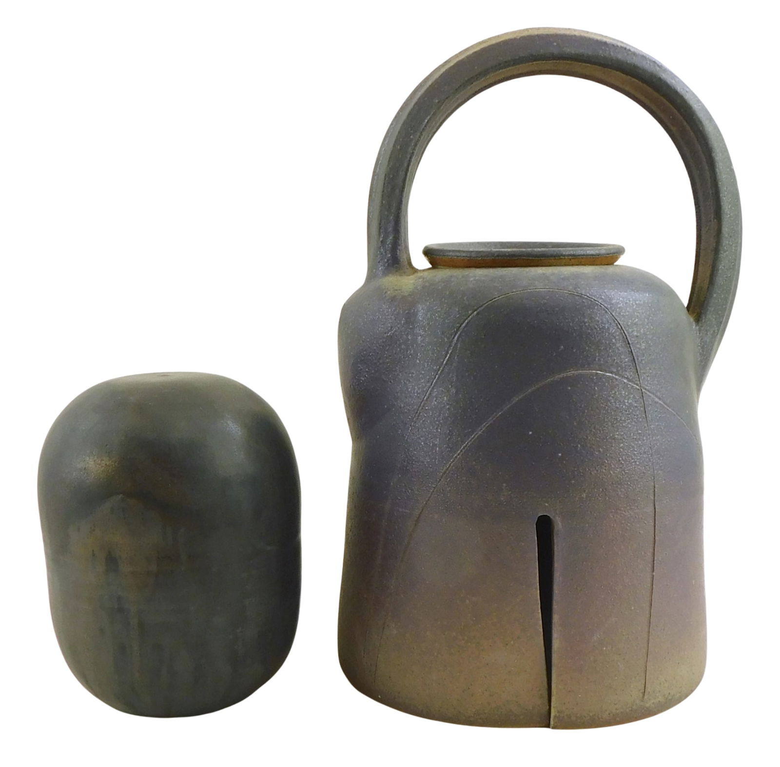 Two Contemporary oval form ceramic vessels: largest a teapot with gunmetal gray to deep purple glaze (1 of 7)