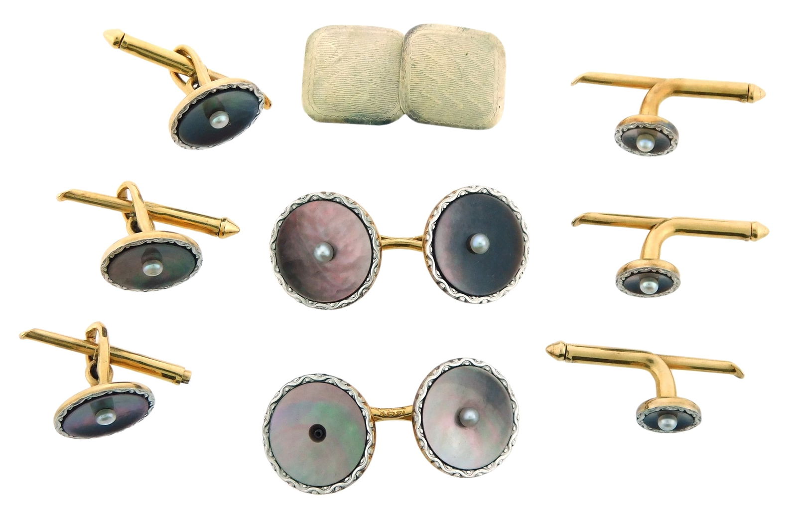 JEWELRY: Nine cufflinks, eight 14K gold and one 10K gold, including: three different pairs of 14K ye (1 of 3)