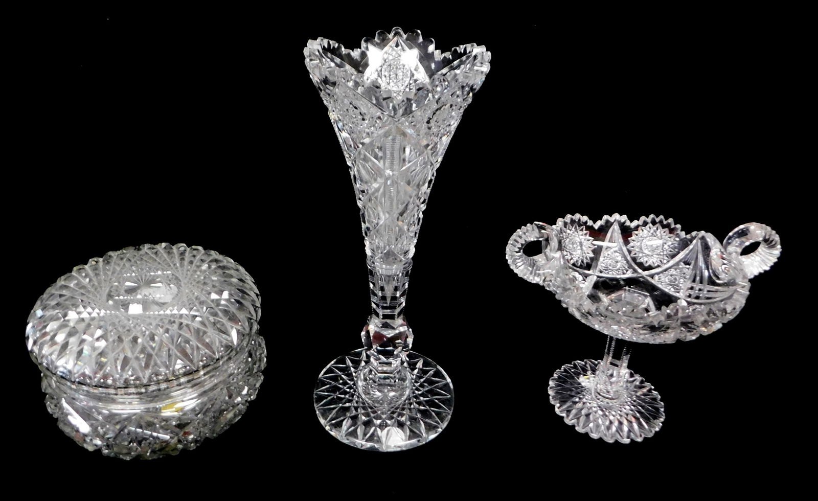GLASS: American Brillant Cut type glass, three pieces, all heavy with thick sides and ornately cut (1 of 4)