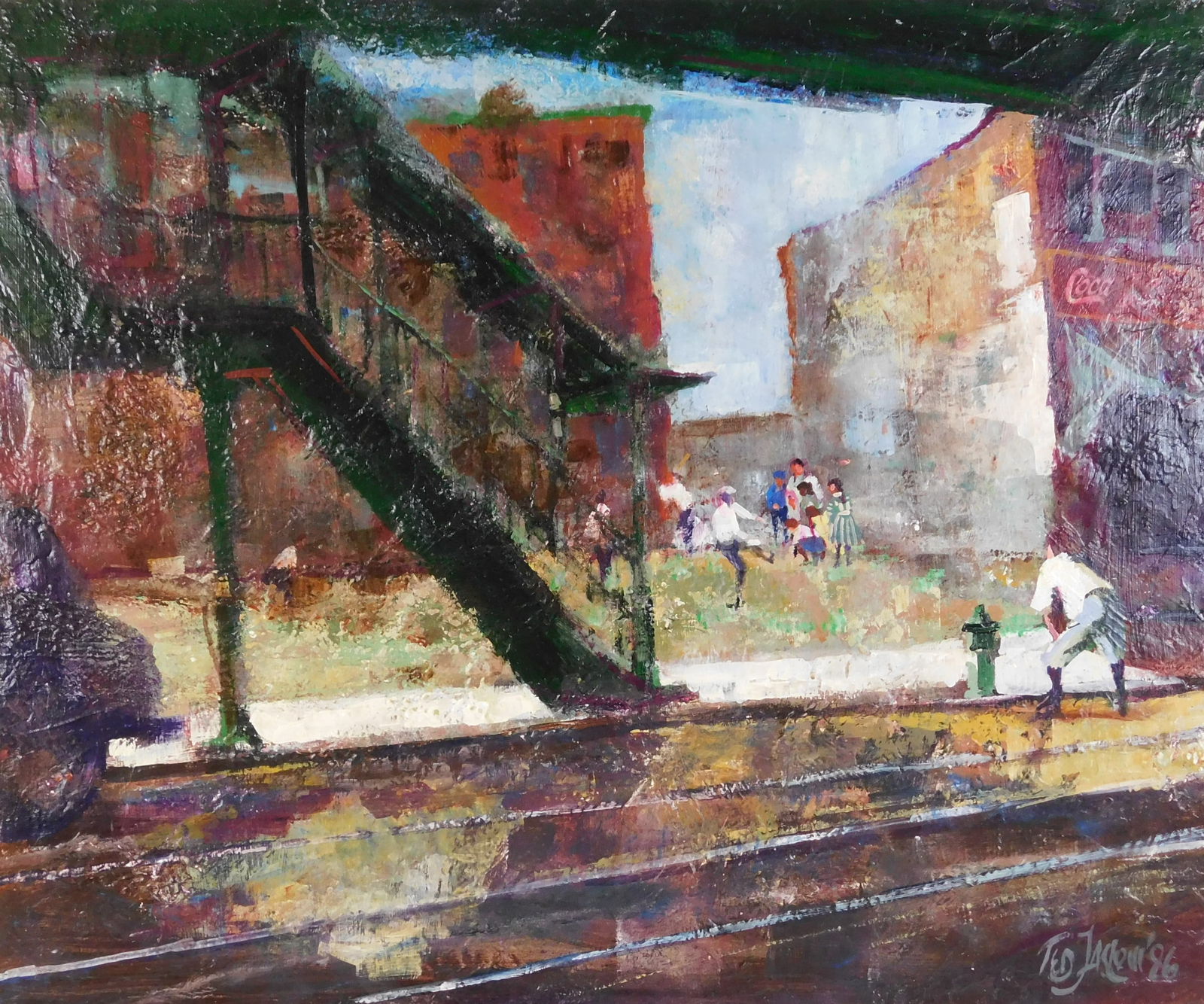 Ted Jaslow (American, b. 1934), "Baseball", 1996, oil on board, depicts children in an urban setting (1 of 3)