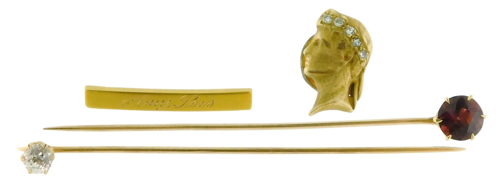 JEWELRY: Four 14K stickpins, including: 14K diamond stickpin, setting tested 14K yellow gold with (1 of 5)