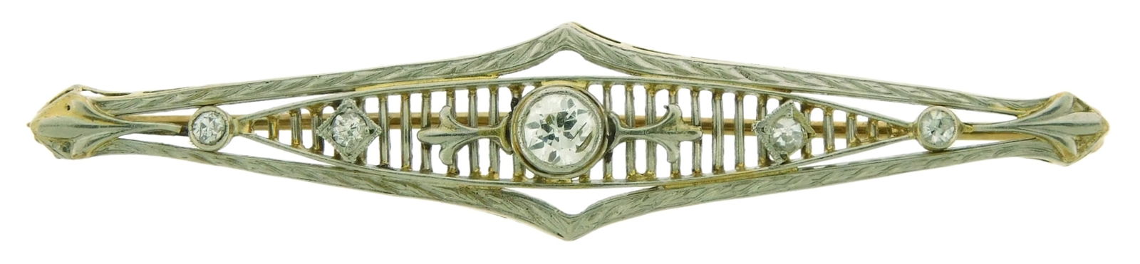 JEWELRY: 14K diamond open filigree bar pin, stamped and tested “14K” yellow gold with (1 of 3)