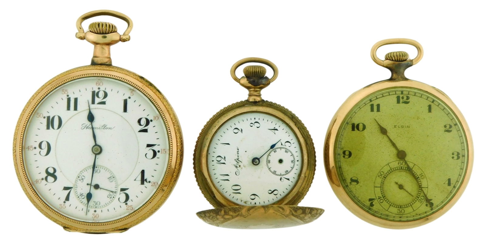 JEWELRY: Three Gold Filled Pocket Watches, with stem wind and lever set movement, including: yellow (1 of 3)