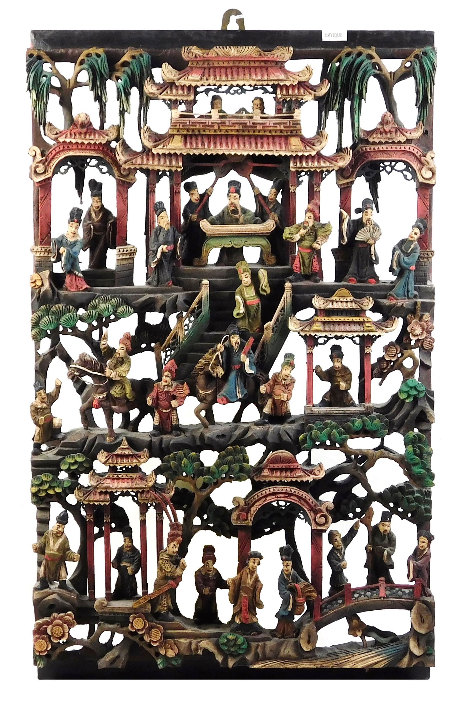 ASIAN: Chinese high relief carved wall sculpture, 19th C., painted finish, three levels of scenes (1 of 3)