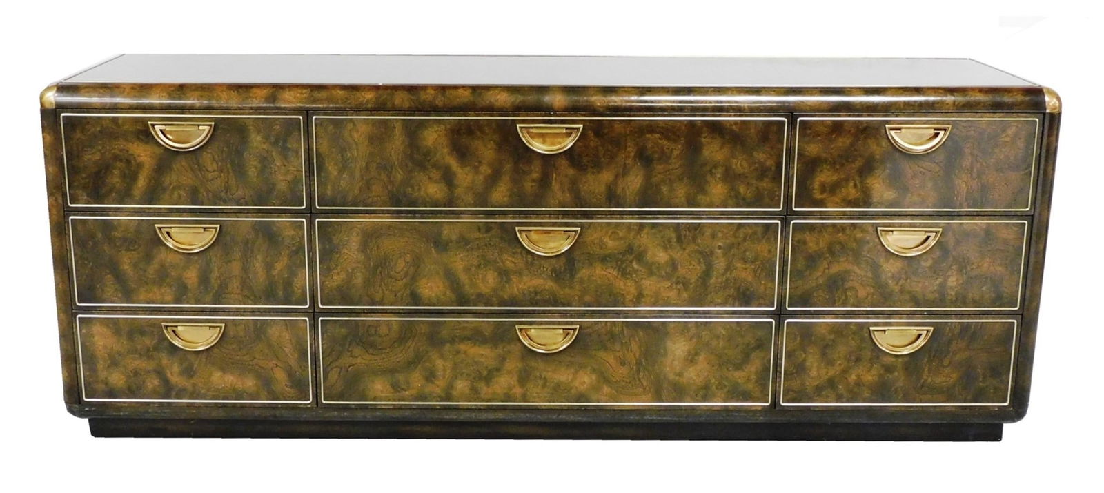 Bernhard Rohne for Mastercraft acid etched bureau of drawers, Mid-Century Modern Hollywood Regency: Bernhard Rohne for Mastercraft acid etched bureau of drawers, Mid-Century Modern Hollywood Regency style, American, c. 1970's, burl veneer and acid etched panels, brass hardware and mounts, wear consi