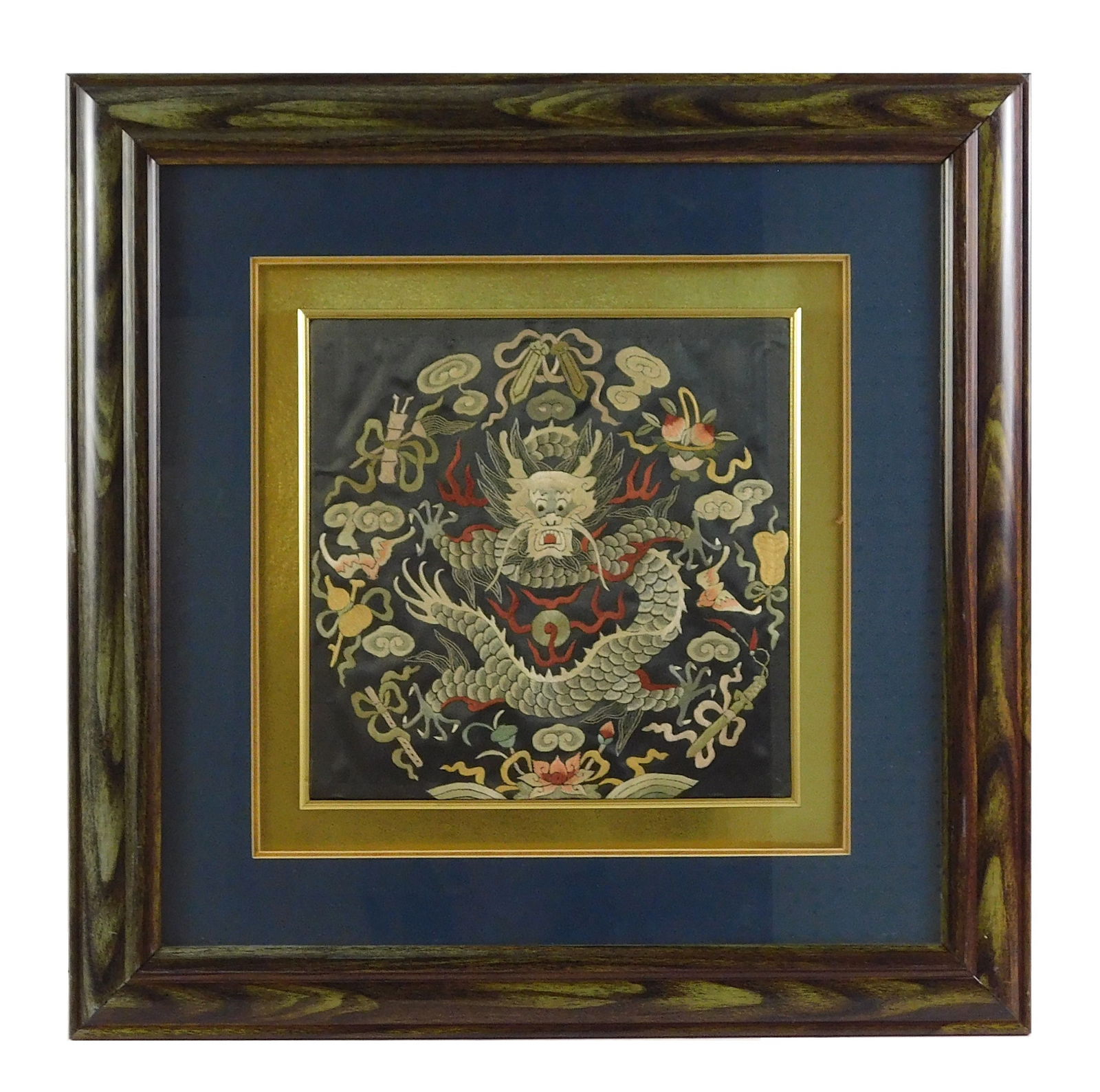 ASIAN: Embroidered Dragon Rank Badge, Chinese, 20th C., silk thread on silk ground, features dragon (1 of 3)