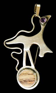 JEWELRY: Sam Kramer sterling 'Zoomorphic' pin / pendant, modernist bird inset with glass eye and: JEWELRY: Sam Kramer sterling 'Zoomorphic' pin / pendant, modernist bird inset with glass eye and stone perch, hallmarked and stamped "sterling" on back, wear consistent with age and use, 3 14/" h. x 2