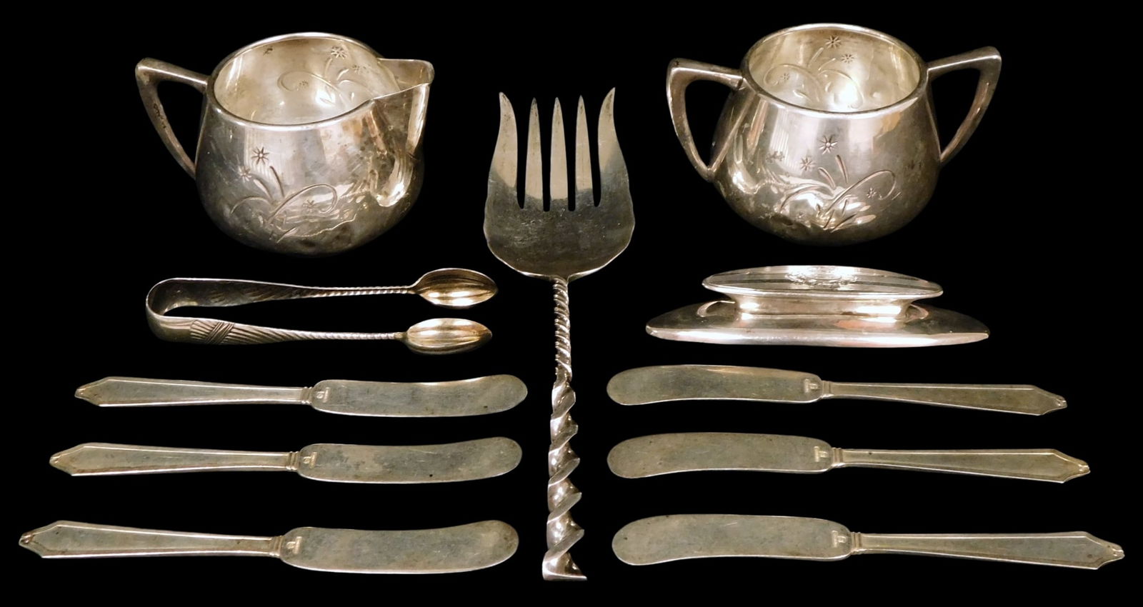 STERLING: Eleven pieces of sterling silver, including: Gorham Mid-Century creamer and sugar, with fl (1 of 5)