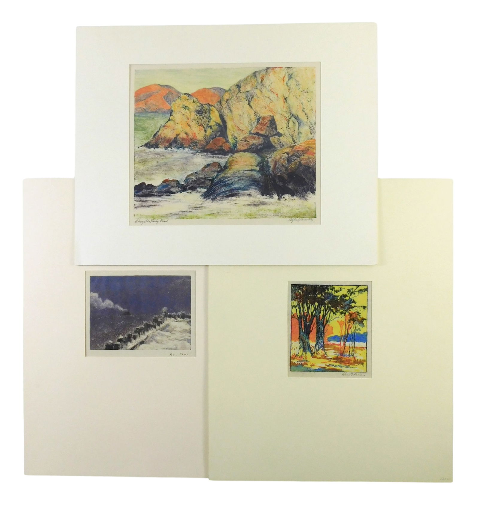 Three multicolored prints, 20th C., the first by Ben Carre (American, 1883 - 1978), monotype, c. (1 of 8)