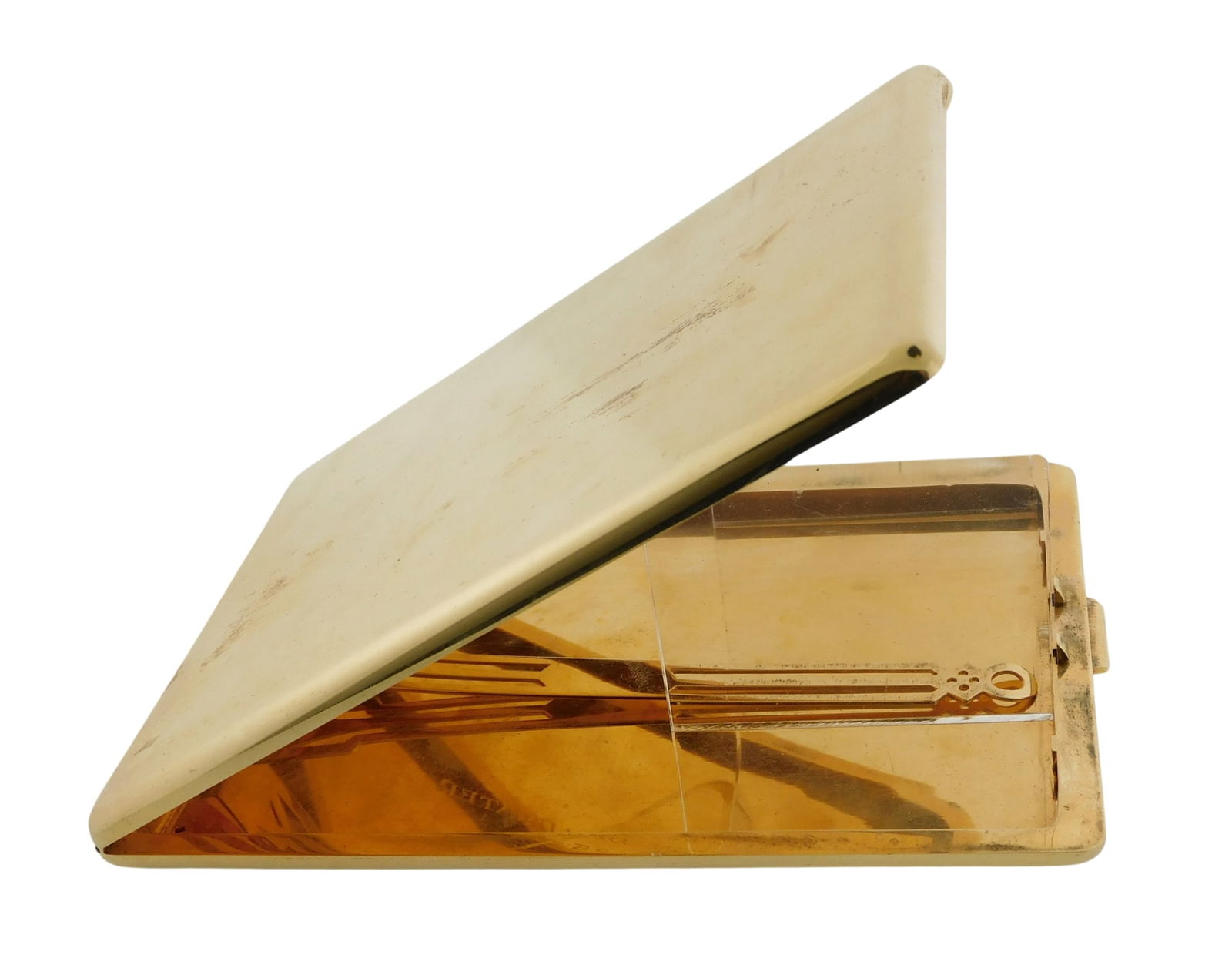 Tiffany & Co. 14K yellow gold cigarette case, 20th C., undecorated exterior, interior with hinged (1 of 6)