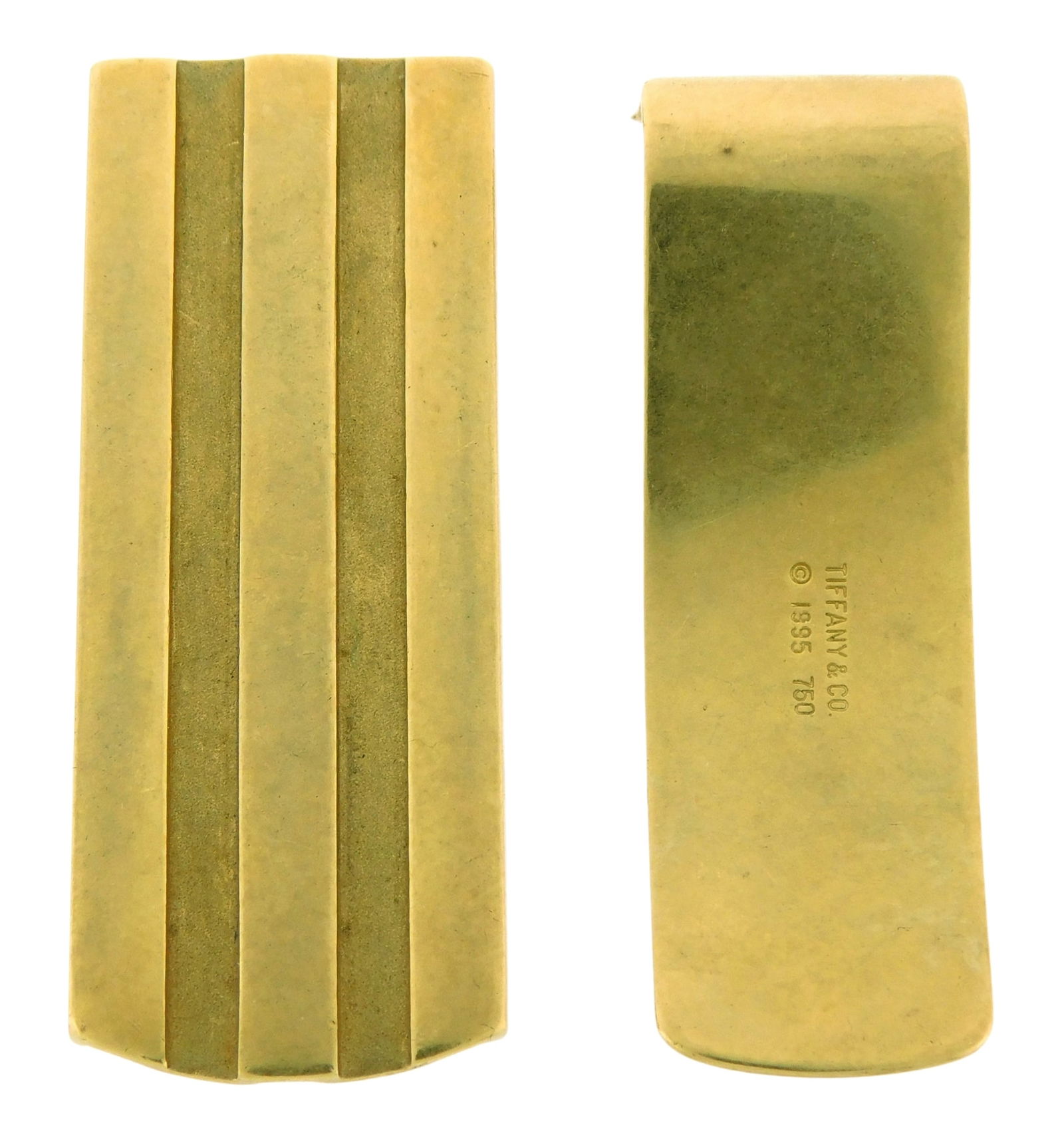 JEWELRY: 18K Tiffany & Co. money clip, 1995, marked "Tiffany & Co. (copyright) 1995 750" on reverse, (1 of 3)
