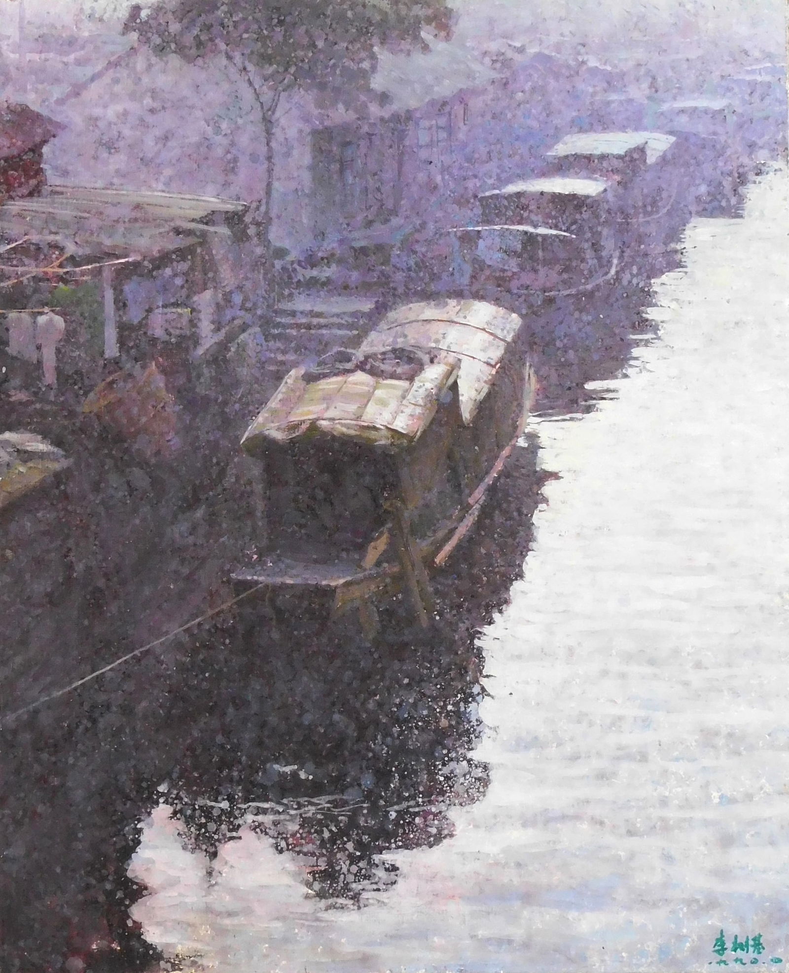Li Shuji (Chinese, 1943-), "Morning Light", oil on canvas, picturing house boats in a canal, signed (1 of 5)