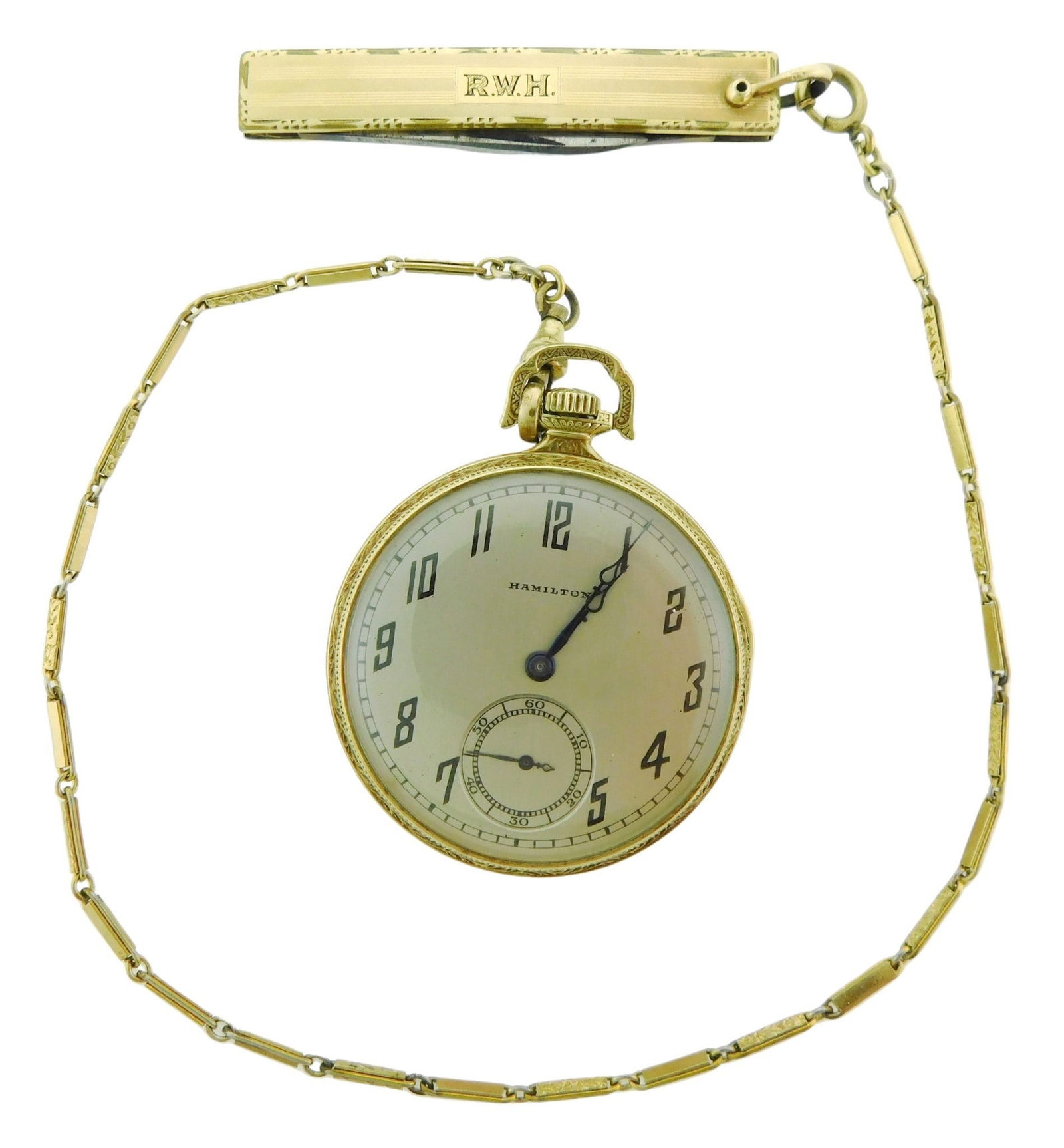 JEWELRY: Yellow gold filled Hamilton pocket watch with case, chain and pen knife. Stem wind and set (1 of 7)